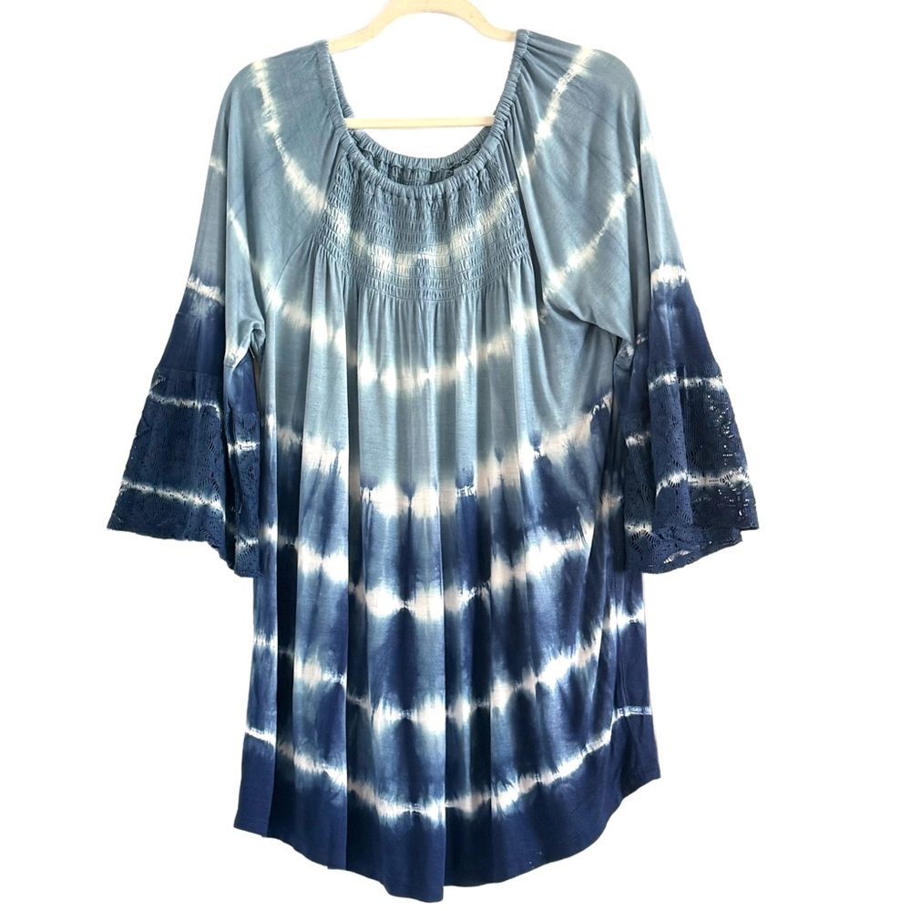 🌻 Studio West Indigo Tie-Dye Peasant Tunic with Lace Bell Sleeves XL